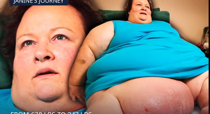 Before-and-after collage accompanying Janine Mueller’s reported weight-loss journey