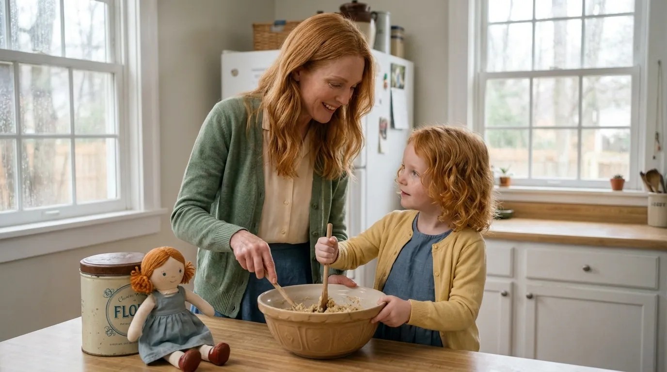 Anna teaches Layla the bird song while they bake together.