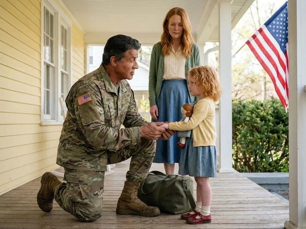 Sergeant James Carter says goodbye to Layla and Anna before deployment.