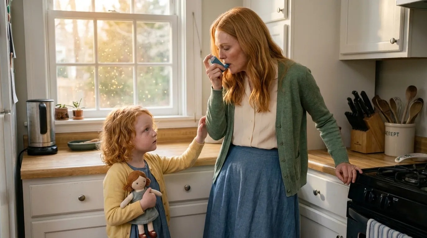 Layla watches with concern as Anna uses her inhaler.