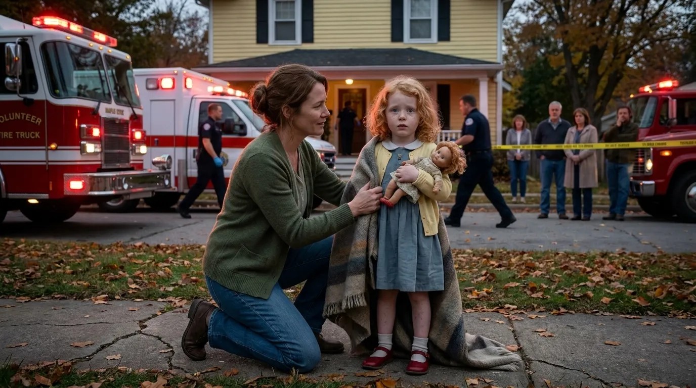Emergency vehicles fill Maple Street as Mrs. Harlan comforts Layla.