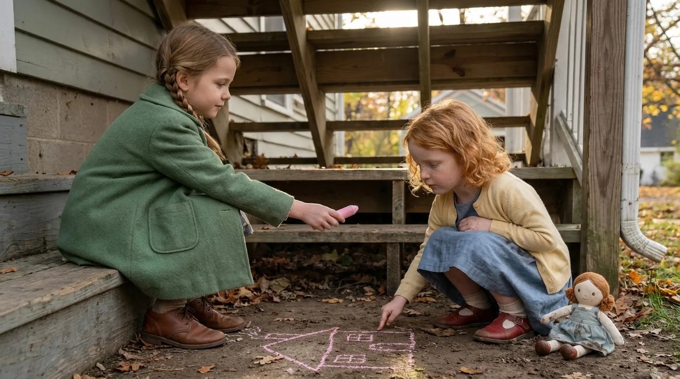 Grace offers Layla pink chalk while she draws her family in the dirt.