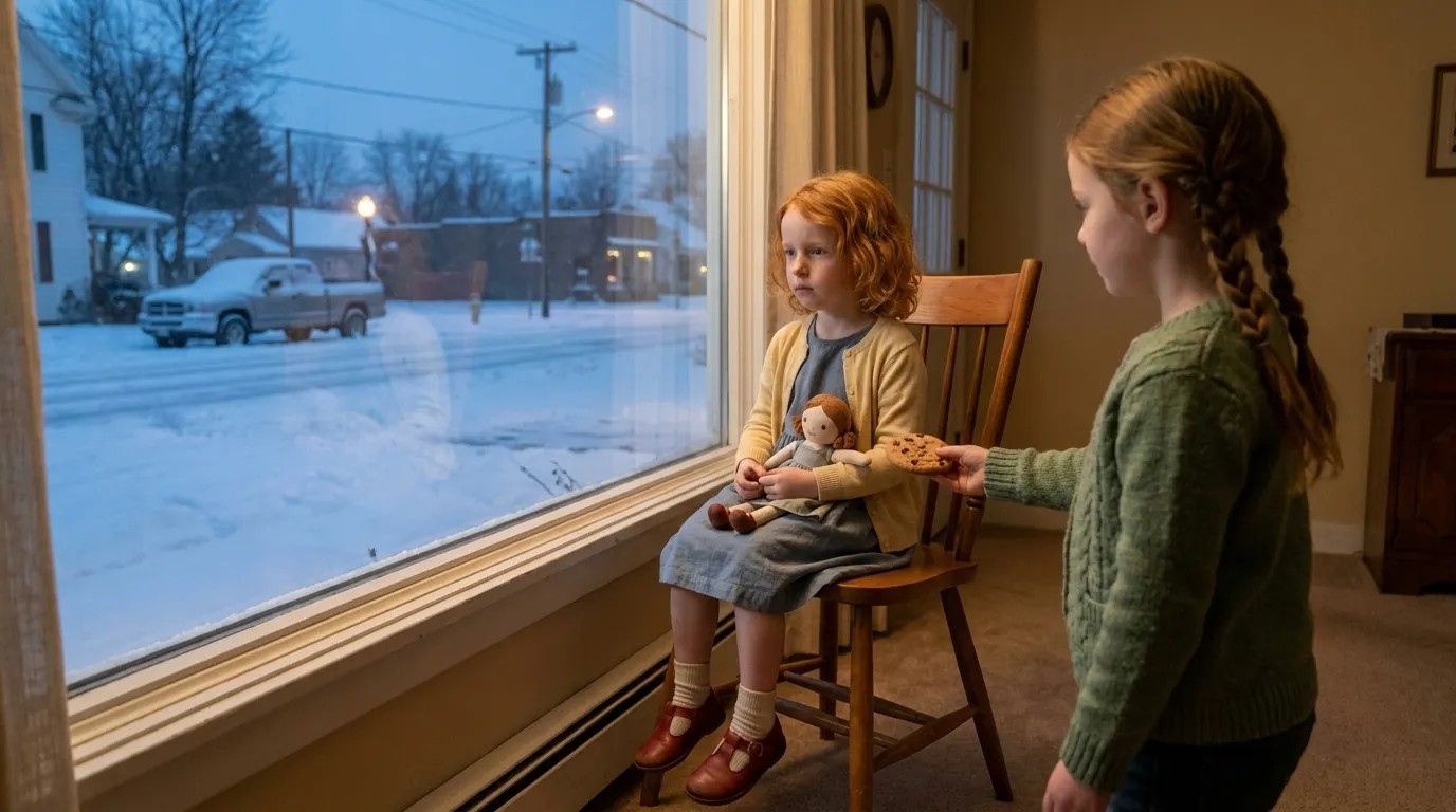 Layla waits at the window on her fifth birthday while Grace brings a cookie.