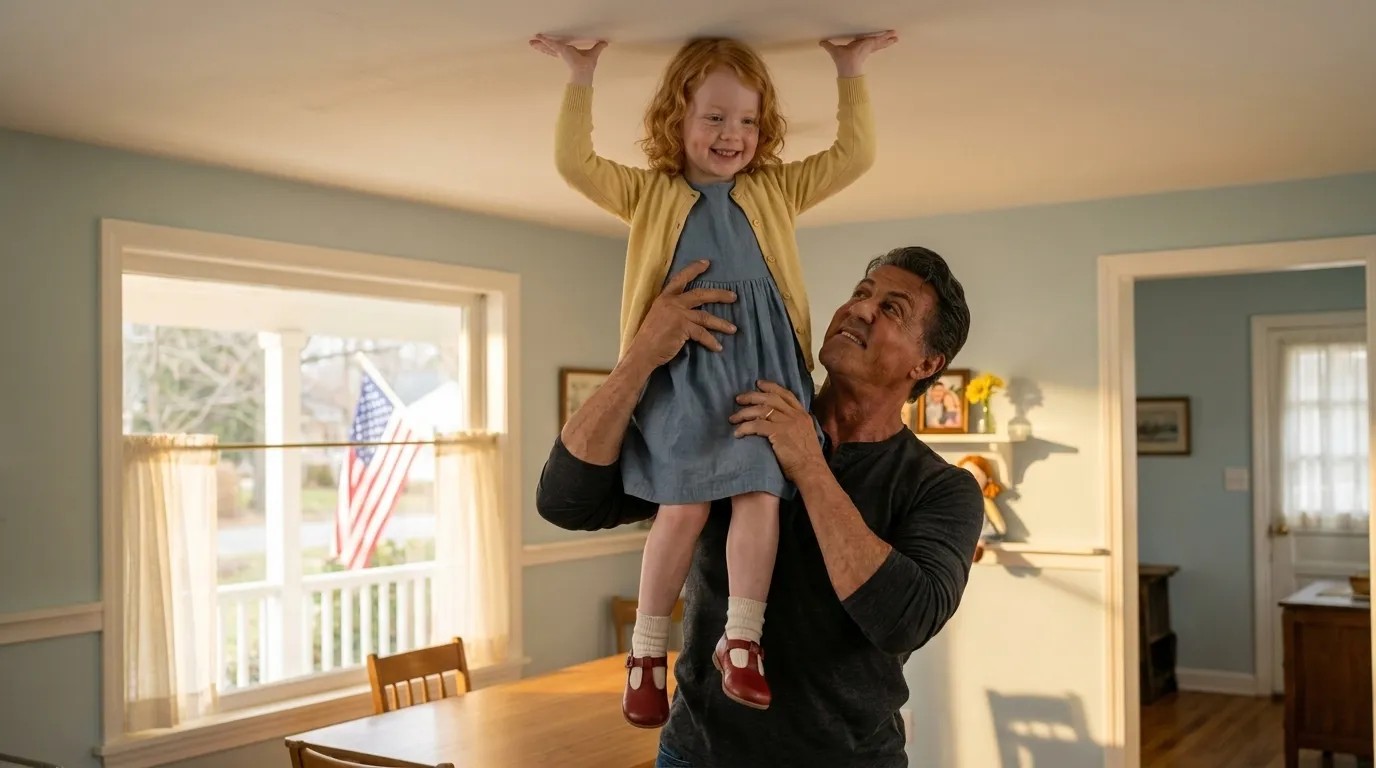 James lifts Layla toward the ceiling inside their restored home.