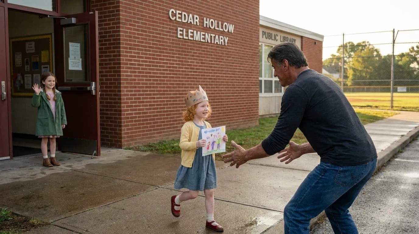 Layla runs to Daddy after her first kindergarten day.