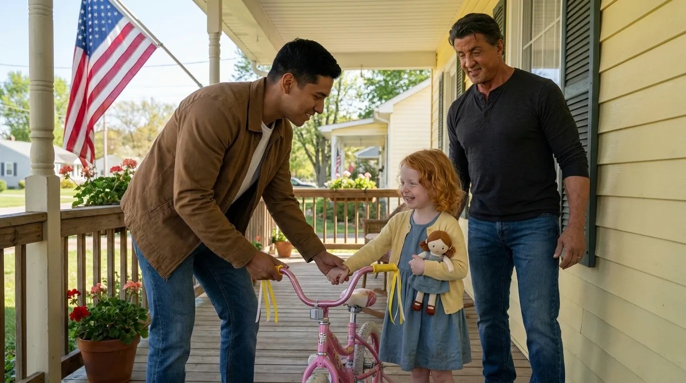 Danny Ruiz gives Layla a pink bicycle with yellow ribbons.