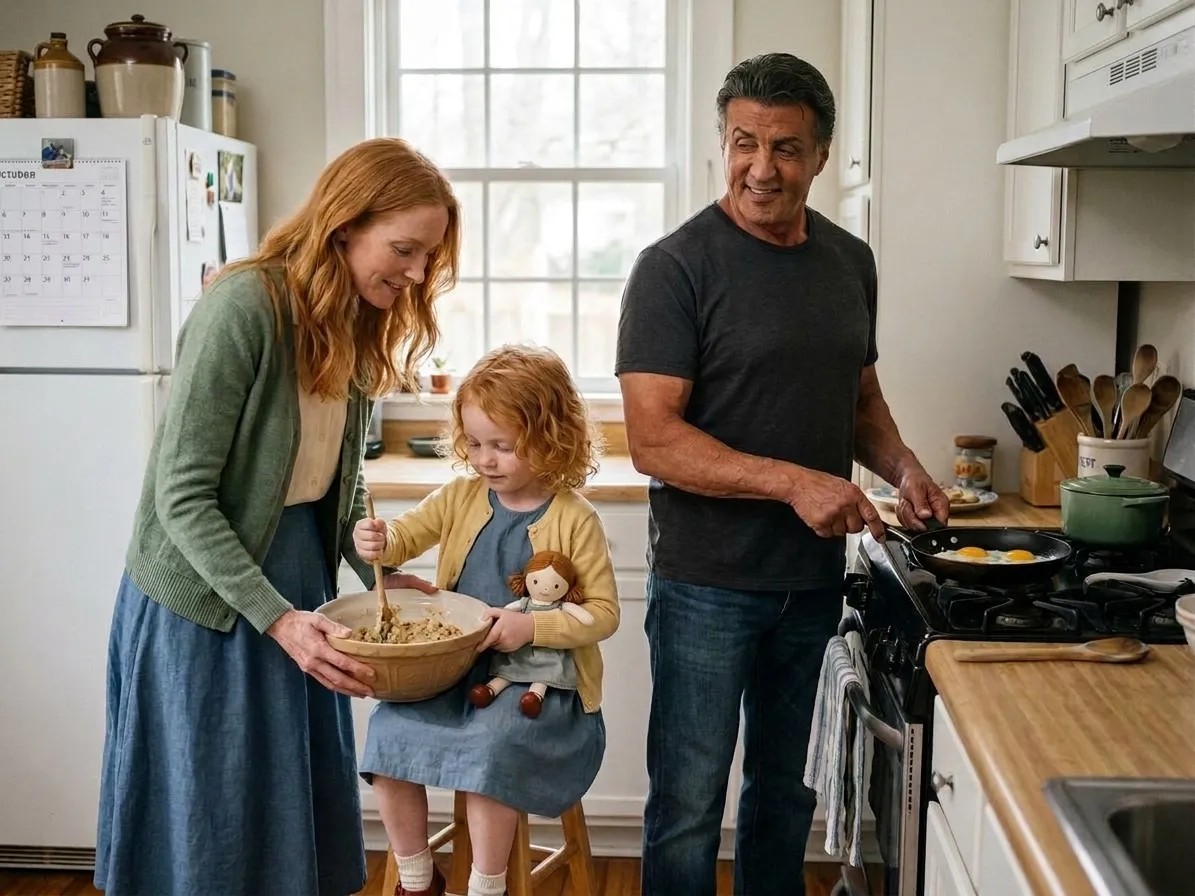 Layla with Mama and Daddy in the yellow house kitchen.